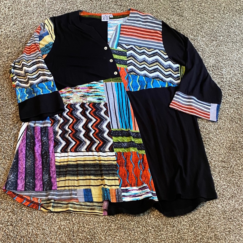 Parsley & Sage Tunic Women 2X Multicolor Excellent Patchwork Art To Wear Henley
